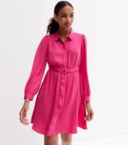 New Look Bright Pink Belted Long Sleeve Mini Shirt Dress